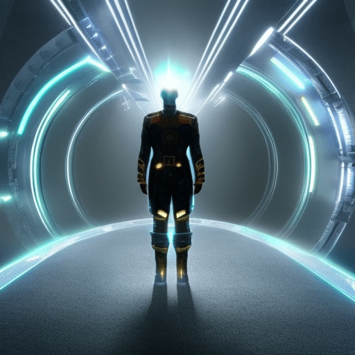 An image of a person, wearing futuristic clothes, standing in an ethereal, virtual reality realm with a glowing doorway in the distance