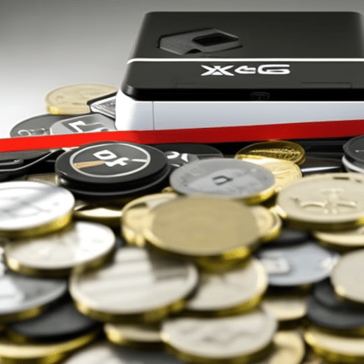 -up of a Ledger Nano S device with an "X"of caution tape over the display and a pile of coins spilled onto a table