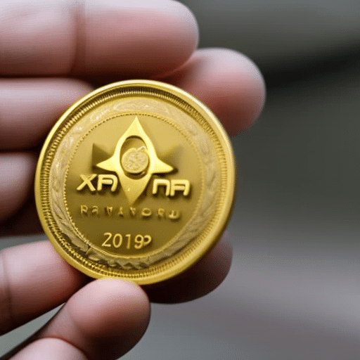 -up of a hand holding a golden XRP coin, with a smile of satisfaction