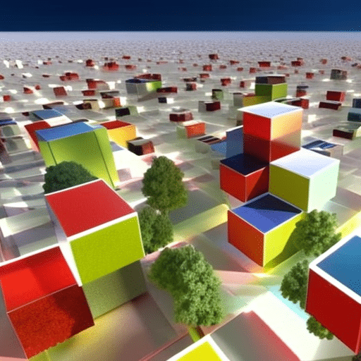 Ate a figure walking through a vast, open landscape of interconnected 3D cubes, all different colors and sizes, representing the Metaverso