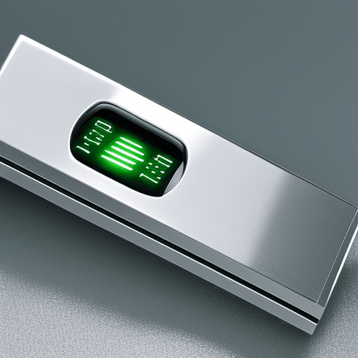 E of a silver USB drive protected by a combination lock with glowing green binary code in the background