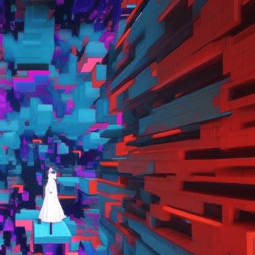 Al sketch of a person in a nanosecond journey through a pixelated landscape of vibrant shapes and colors, embodying the expression of the metaverse