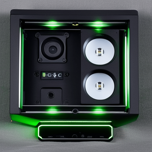 N, sleek black box with a large, silver button and two bright green LEDs