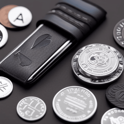 -up of a black and silver Ledger Nano S wallet, with coins of various shapes and colors scattered around it