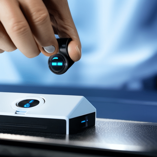 Up of a person's hands pressing a button on a sleek, black Ledger Nano S device, illuminated with a bright blue light