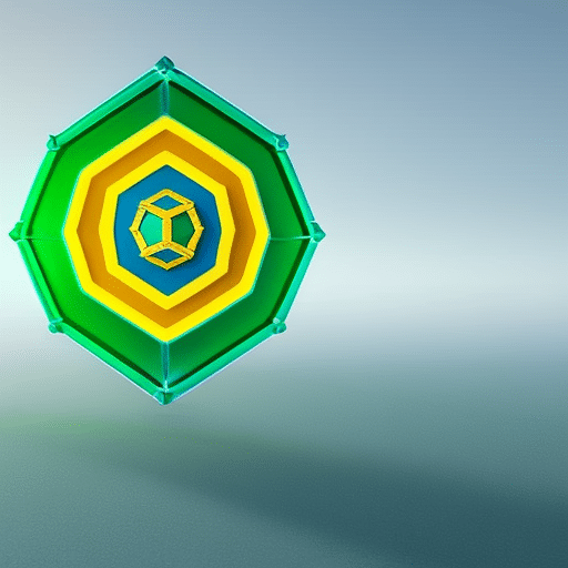 Yellow hexagon shape representing a shield, surrounded by blue and green hexagons to represent the blockchain, with an orange hexagon in the center representing Metamask