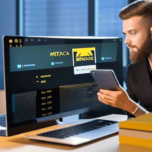 N sitting at a computer with a Binance tab open and Metamask displayed on the screen