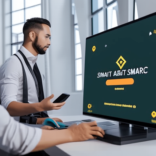 N interacting with a computer, using a decentralized application with an interface of Binance Smart Chain and Metamask to buy tokens