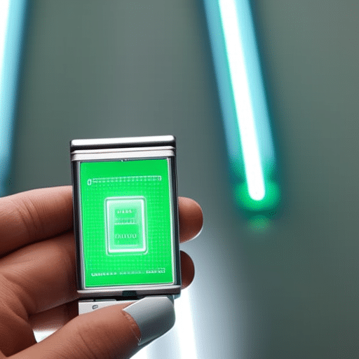 Holding a silver-colored Ledger Nano S device with a green light shining from the screen