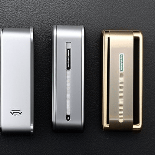 By-side comparison of the physical features of the Ledger Nano S and Trezor wallets, highlighting the differences in size, shape, and color