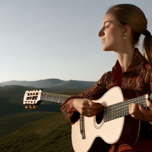 strumming a classical guitar, looking out into a lush, Spanish landscape with a content expression on her face