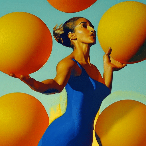 Ract painting of a woman in a bright yellow dress, juggling vibrant oranges, framed by a deep blue sky