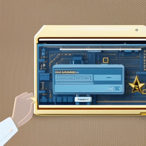 Nt illustration of a person proudly unboxing a golden-sheened Ledger Nano S, with a price tag in the lower corner