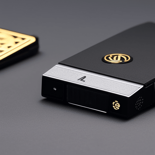 Up of a hand carefully holding a sleek black Ledger Nano S, with a hint of gold accents