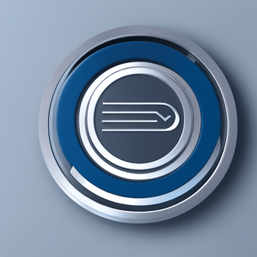 T geometric shapes and lines in shades of blue and grey, representing a secure hardware wallet, with a focus on a silver circle in the center