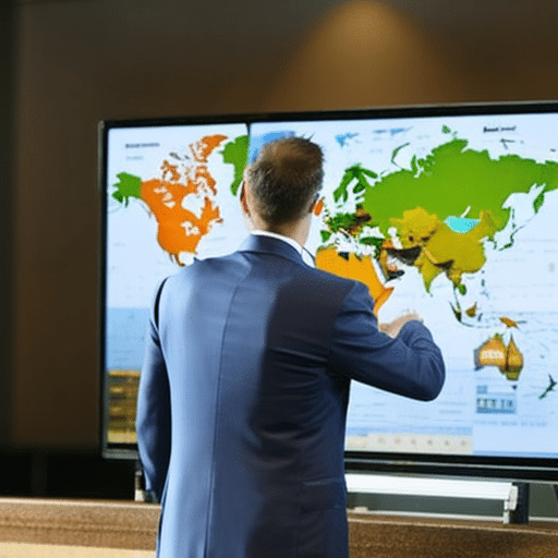 A person standing in front of a laptop, pointing to a map on the screen while gesturing with their other hand