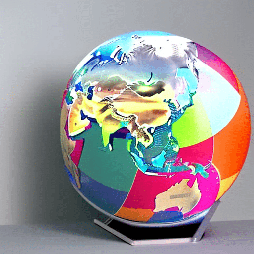 Al globe with various countries highlighted in bright colors, each with a house icon to represent the idea of purchasing property