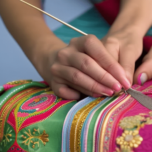 -up of a woman's hands sewing a colorful piece of fabric with a needle and thread, focused on the intricate details
