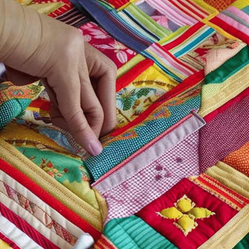 Of hands sewing a quilt, with a spool of thread, scissors, and a measuring tape nearby