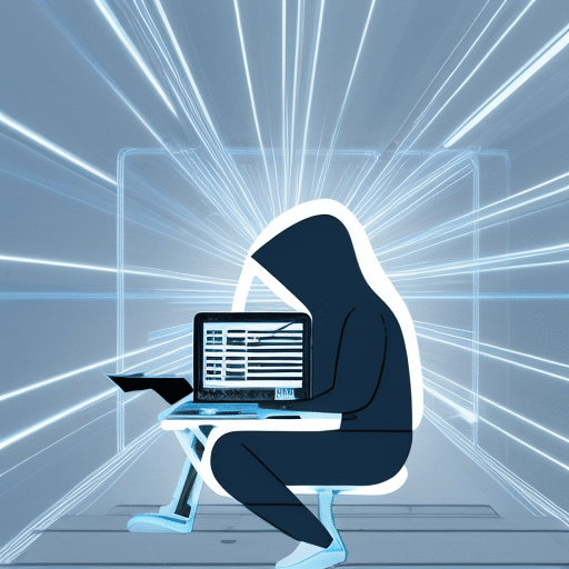 Stration of a person in a hoodie, surrounded by a blue light, carefully setting up a Ledger Nano S with a laptop