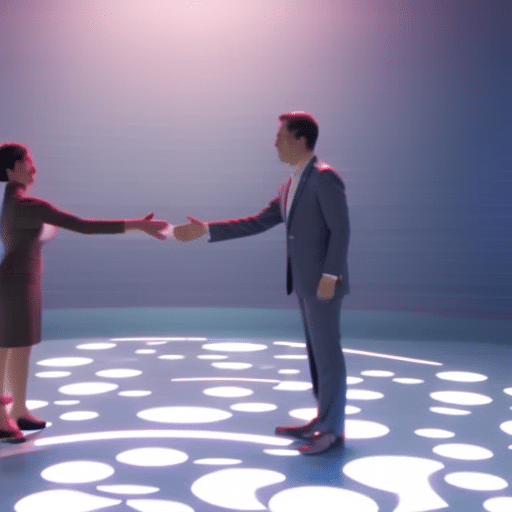 Stration of two people virtually meeting in a colorful, vibrant, 3D world with their avatars shaking hands in a fraction of a second