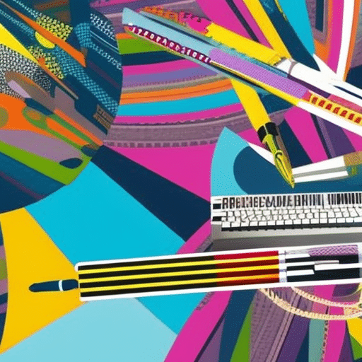 Ful, abstract graphic showing a person creating content in Spanish with pens, laptop, and digital tools