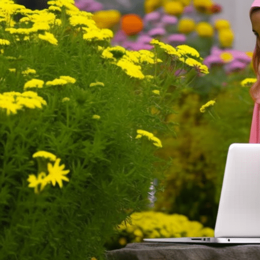 in a bright yellow dress typing on a laptop with a pot of colorful, vibrant flowers in the background