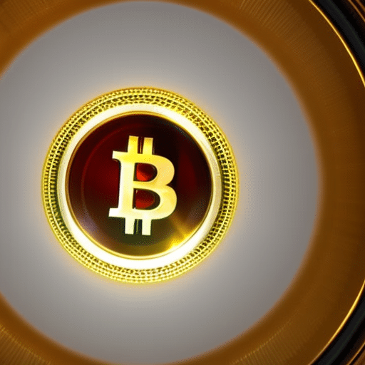 E of a golden, illuminated Bitcoin symbol surrounded by a vibrant, multicolored aura