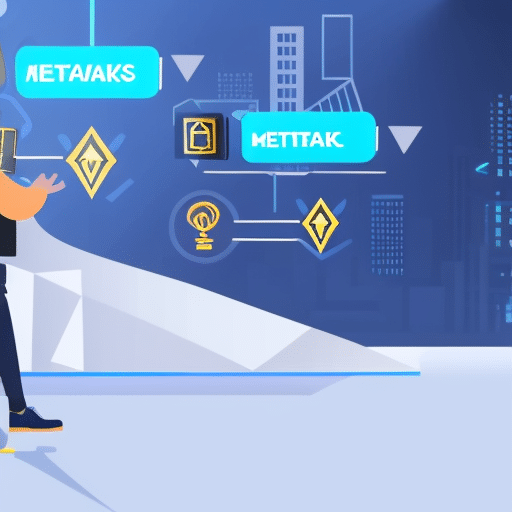 a cartoon of a person using a computer with a Metamask browser extension opened, a Binance Smart Chain website loaded, and a "defi"symbol in the background