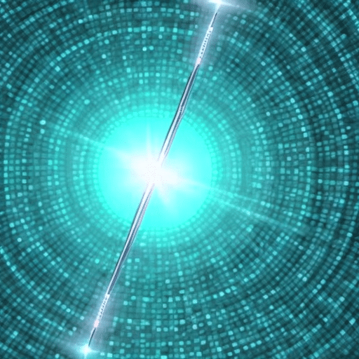 Oise lightning bolt zigzagging through a spiral of electric blue pixels, illuminating a microchip with a magnifying glass