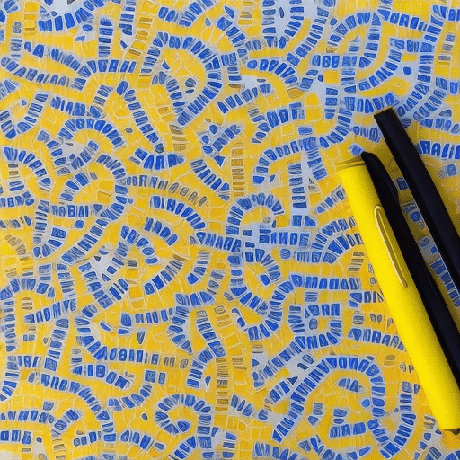 T yellow pen writing on a notebook page decorated with a colorful pattern of Spanish words