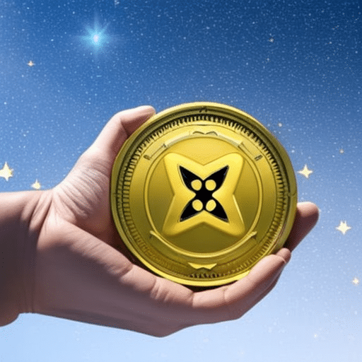 Stration of a hand holding a XRP coin, with a golden background and a starry sky