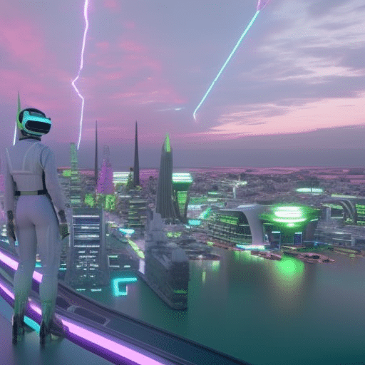 E in full virtual reality gear, standing in a surreal, futuristic landscape with a neon-colored cityscape in the background