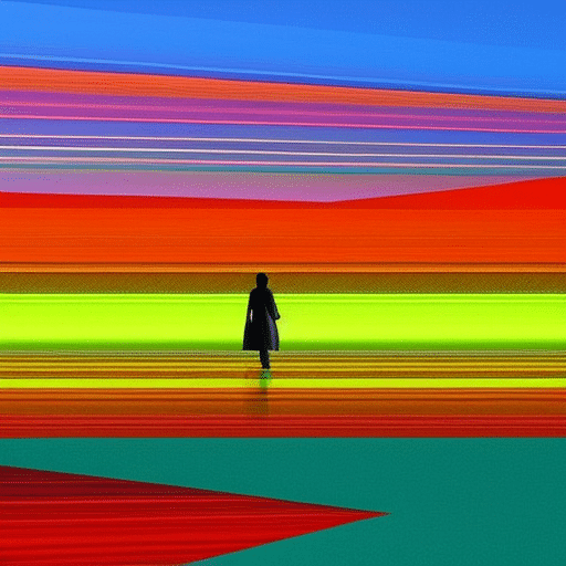 Ract digital landscape with a figure on a journey, surrounded by vibrant, rapidly shifting colors, shapes, and textures