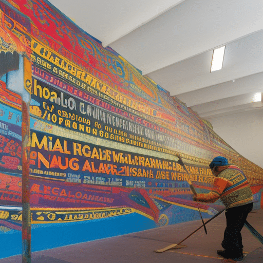 Ract image of a person holding a paintbrush, painting a colorful mural of words and phrases in Spanish