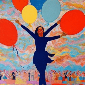 Nt, colorful painting of a person joyfully dancing with their arms outstretched, surrounded by balloons with Spanish phrases written on them