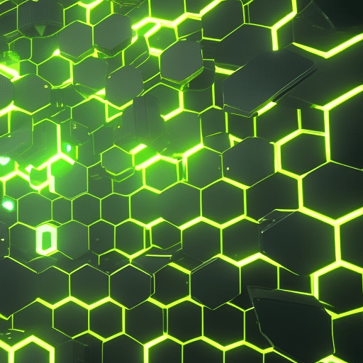 E of a high-tech, futuristic device with a glowing green LED light blinking on the side, surrounded by a circle of gold hexagons