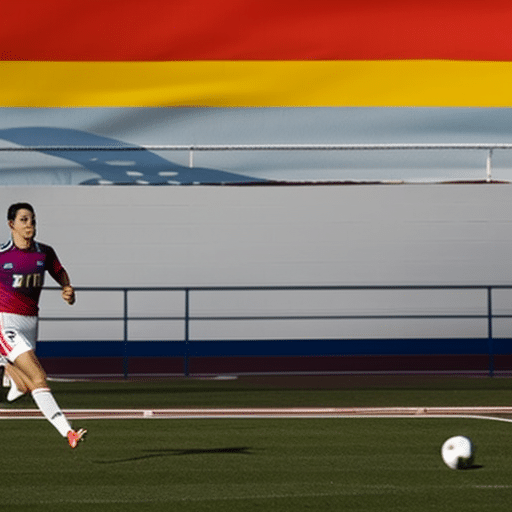 E of a person running on a track with the Spanish flag in the background, with a soccer ball and a newspaper with the headline "Deportes Y Actualidad"in the foreground