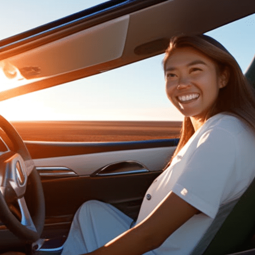 A person driving a car with a wide grin, sun shining in the background, wind blowing their hair back
