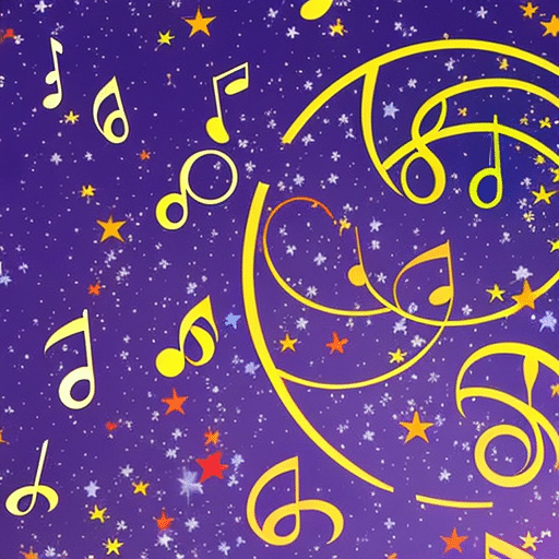 Ract image of colorful music notes and a treble clef in the center, with a crowd of people, silhouetted against a starry sky, in the background, dancing and celebrating