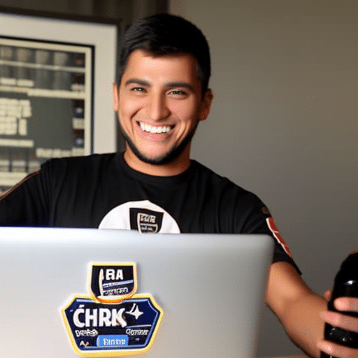 N with a mischievous smile, wearing a t-shirt with the "Forocoches"logo, holding a can of beer while typing on a computer keyboard