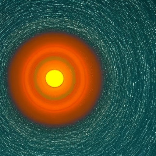 T orange circle, radiating outwards, with a teal background filled with small blue and yellow dots of varying sizes and shapes
