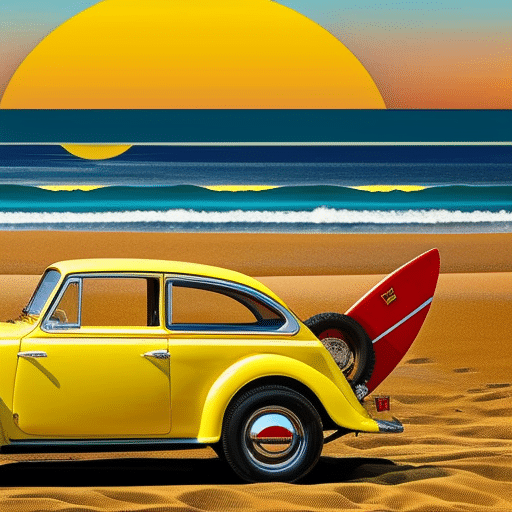 Ge-style illustration of a bright yellow car with a red and white checkerboard pattern on the hood, parked in front of a sun-drenched beach with a surfboard propped against it