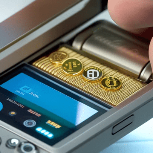 -up of a hand holding a Ledger Nano S device, with a colorful array of cryptocurrency coins displayed on the screen