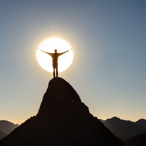 Ract silhouette of a figure, standing with arms outstretched, atop a mountain of NFTs, with the sun rising in the background