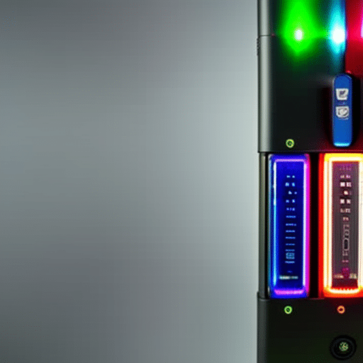 Y colored Ledger Nano S device glowing with a multi-colored light display, showing the various steps of a cryptocurrency transfer