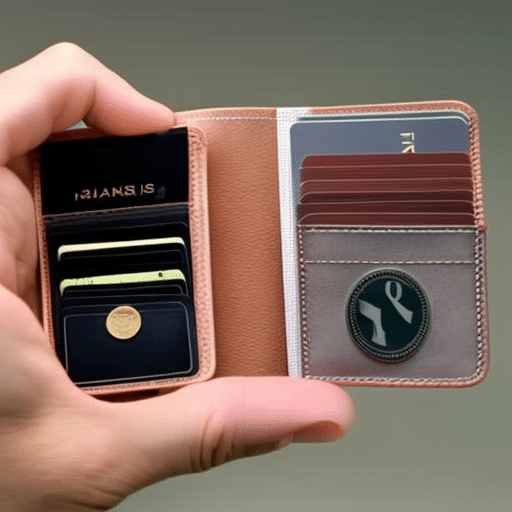 -up of a hand holding a Ledger Nano S Wallet with various coins arranged in a circle around it