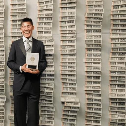 N in a suit proudly holding a Ledger Nano S in one hand, a stack of bank notes in the other, and a triumphant smile