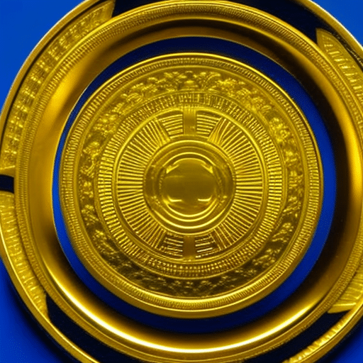 Nt, abstract image of a golden coin rotating against a deep blue background, with the light reflecting off its intricate details