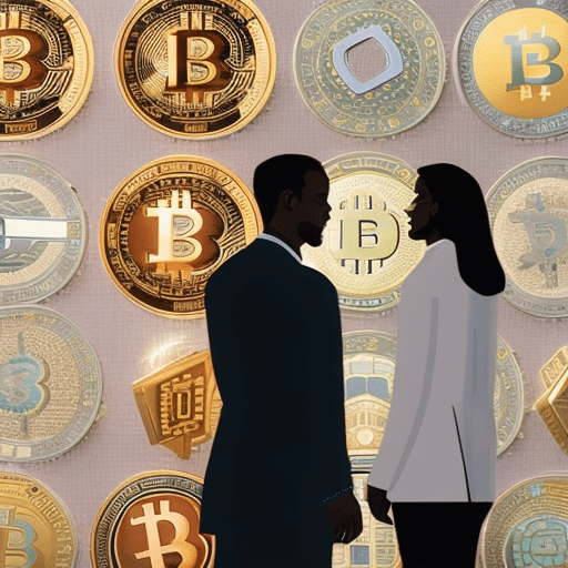 Stration of two people standing in front of a large digital wall of different crypto coins, each with a unique color and design